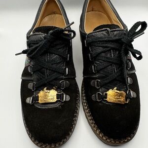 Black Suede Lace-Up Shoes with Gold Accents